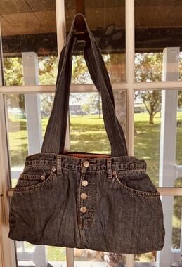Handmade Recycled, Zena Denim Shoulder Bag Jean Tote Bag Zipper Plaid pocket Vtg